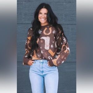 Western-Inspired Brown Patterned Crewneck Sweater - Women